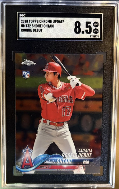 Front of 2018 Topps Chrome Update Shohei Ohtani #HMT32 Rookie Debut RC SGC 8.5