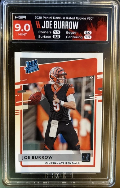 Front of 2020 Panini Donruss Joe Burrow #301 Rated Rookie RC HGA 9