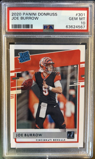 Front of 2020 Panini Donruss Joe Burrow #301 Rated Rookie RC PSA 10