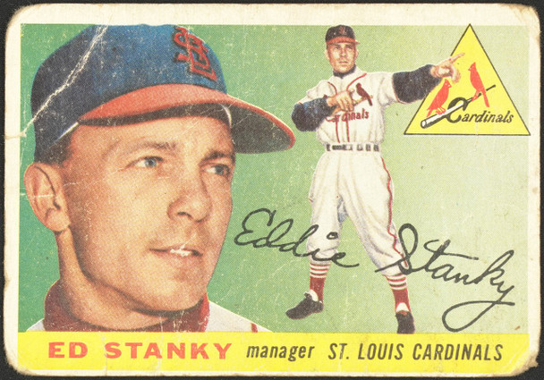 1955 Topps Eddie Stanky #191 St. Louis Cardinals High Number Low Grade - Creases — Example A front of card