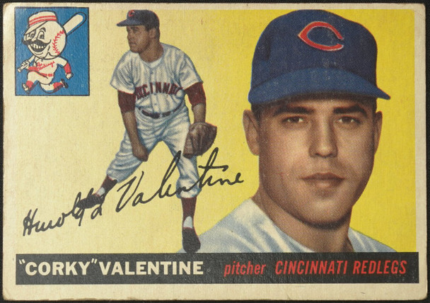 1955 Topps Corky Valentine #44 Cincinnati Redlegs Fair — Example A front of card