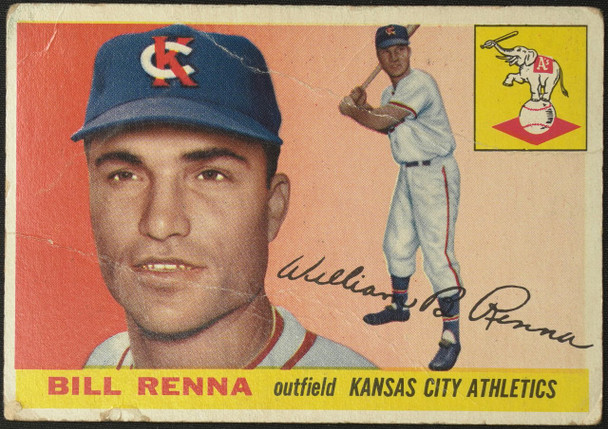1955 Topps Bill Renna #121 Kansas City Athletics Low Grade - Creases — Example A front of card