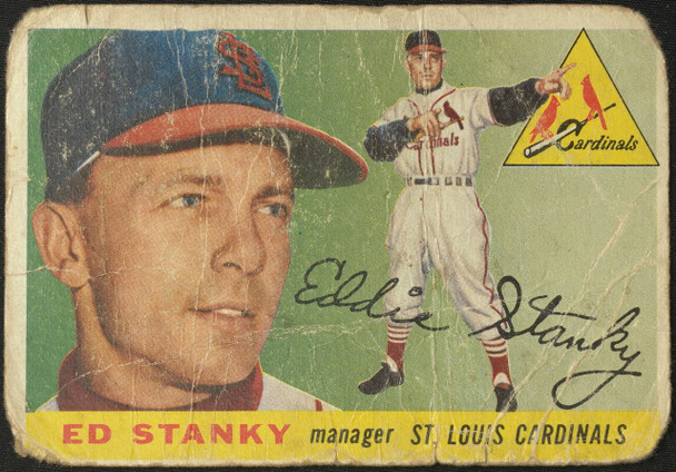 1955 Topps Eddie Stanky #191 St. Louis Cardinals High Number Low Grade - Creases Example A front of card