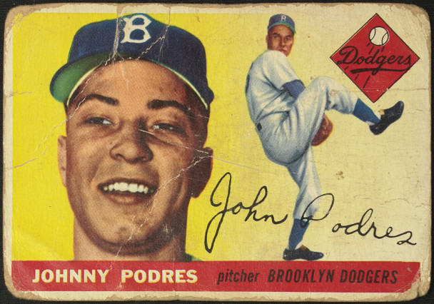 1955 Topps Johnny Podres #25 Brooklyn Dodgers Low Grade - Creases Example A front of card