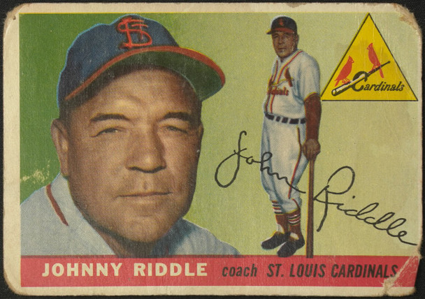 1955 Topps Johnny Riddle #98 St. Louis Cardinals Low Grade - Creases Example A front of card