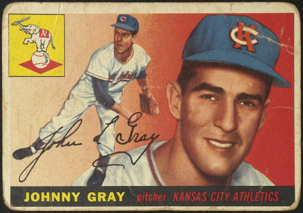 1955 Topps Johnny Gray #101 Kansas City Athletics Low Grade - Creases — Example B front of card