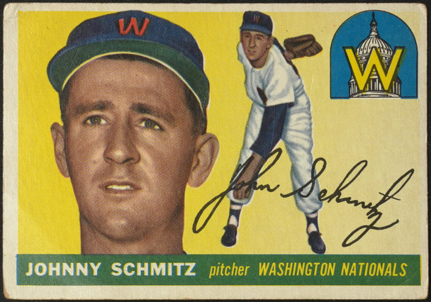 1955 Topps Johnny Schmitz #159 Washington Senators Low Grade - Creases Example B front of card