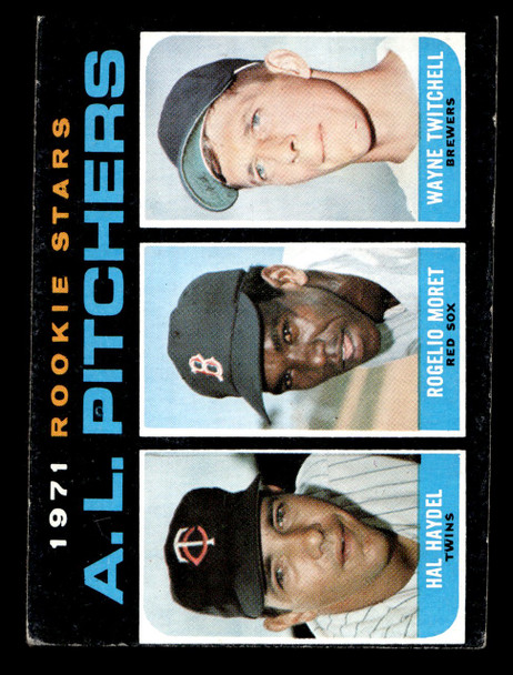 1971 Topps Hal Haydel, Rogelio Moret, Wayne Twitchell #692 AL Rookie Pitchers RC High Number SP VG front of card