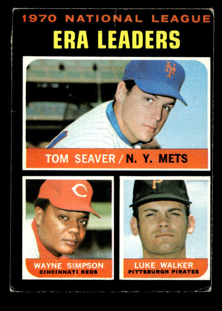 1971 Topps Tom Seaver / Wayne Simpson / Luke Walker #68 1970 National League ERA Leaders HOF Low Grade - Creases — Example A front of card