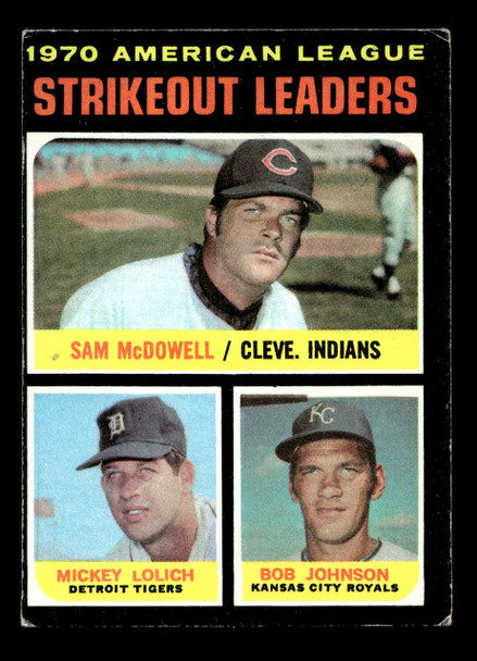 1971 Topps Sam McDowell / Mickey Lolich / Bob Johnson #71 Strikeout Leaders Good front of card
