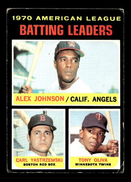 1971 Topps Alex Johnson / Carl Yastrzemski / Tony Oliva #61 1970 American League Batting Leaders HOF Low Grade - Creases — Example B front of card