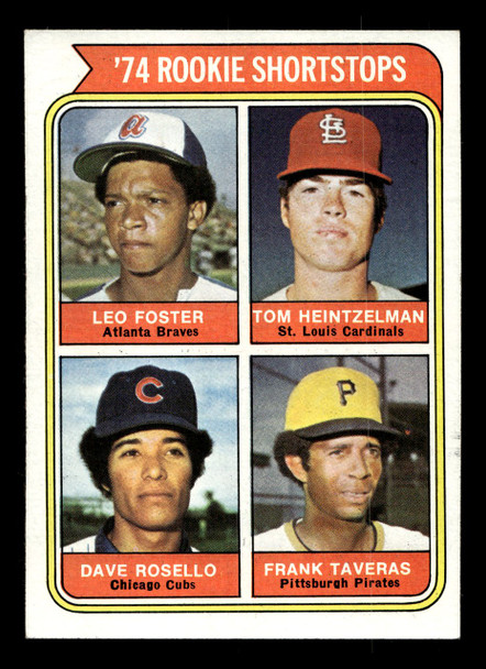 1974 Topps Leo Foster / Tom Heintzelman / Dave Rosello / Frank Taveras #607 1974 Rookie Shortstops RC VG front of card