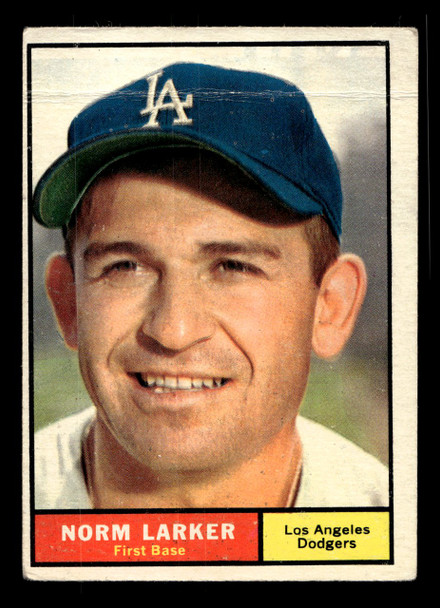 1961 Topps Norm Larker #130 Los Angeles Dodgers Low Grade - Creases front of card