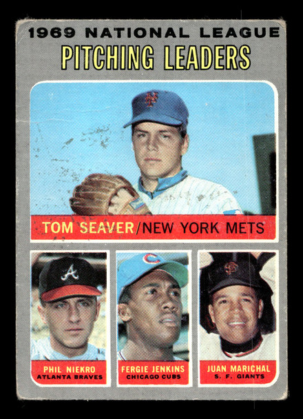 1970 Topps Tom Seaver / Phil Niekro / Fergie Jenkins / Juan Marichal #69 1969 NL Pitching Leaders HOF VG front of card