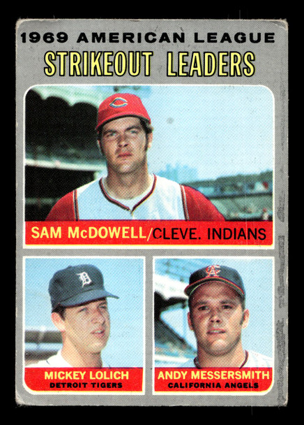 1970 Topps Sam McDowell / Mickey Lolich / Andy Messersmith #72 1969 AL Strikeout Leaders VG-EX — Example B front of card