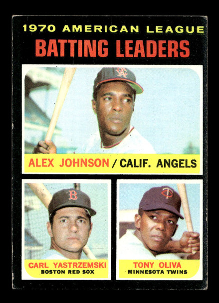 1971 Topps Alex Johnson / Carl Yastrzemski / Tony Oliva #61 AL Batting Leaders California Angels / Boston Red Sox / Minnesota Twins HOF Low Grade - Creases - Front