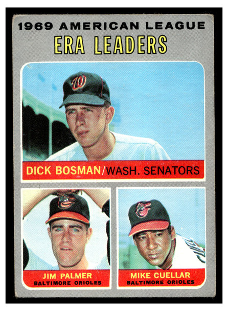 1970 Topps Baseball Dick Bosman / Jim Palmer / Mike Cuellar #68 American League ERA Leaders HOF VG-EX front of card