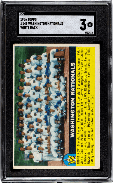 1956 Topps Washington Nationals White Back #146 SGC 3 front of card