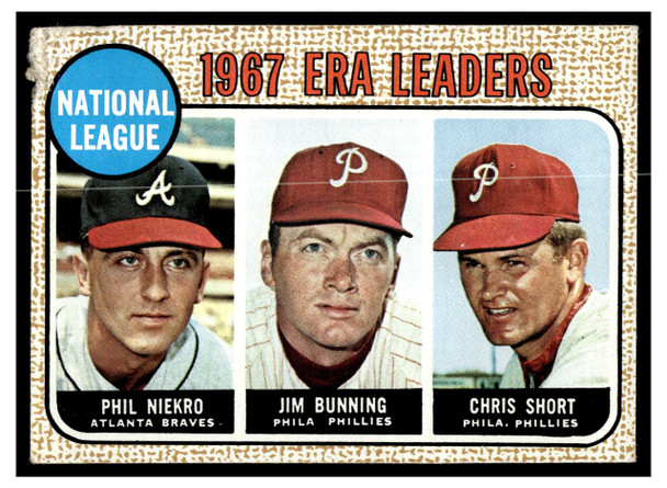 1968 Topps NL ERA Leaders (Phil Niekro, Jim Bunning, Chris Short) #7 HOF Poor front of card