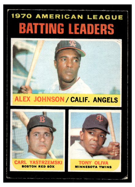 1971 O-Pee-Chee AL Batting Leaders (Alex Johnson / Carl Yastrzemski / Tony Oliva) #61 League Leaders HOF Low Grade front of card