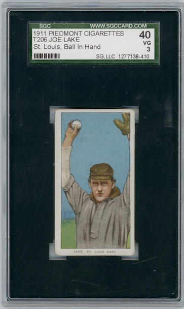 1911 T206 Joe Lake St. Louis, Ball In Hand Piedmont 350-460 SGC 3 front of card