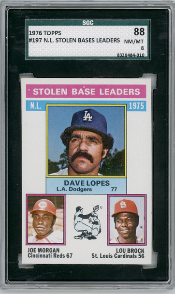 1976 Topps Dave Lopes, Joe Morgan & Lou Brock N.L. Stolen Base Leaders #197 SGC 8 front of card
