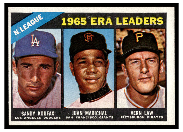1966 Topps Sandy Koufax / Juan Marichal / Vern Law #221 NL ERA Leaders HOF VG front of card