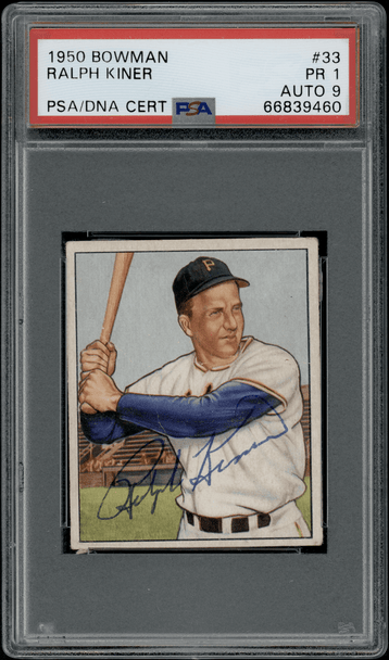 1950 Bowman Ralph Kiner On Card Autograph #33 PSA 1 Auto 9 front of card