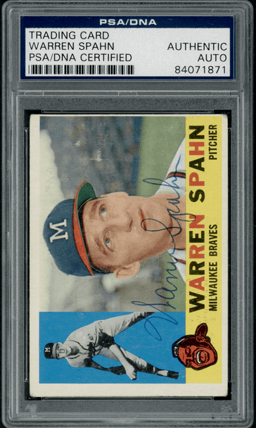 1960 Topps Warren Spahn #445 PSA Authentic Autograph front of card
