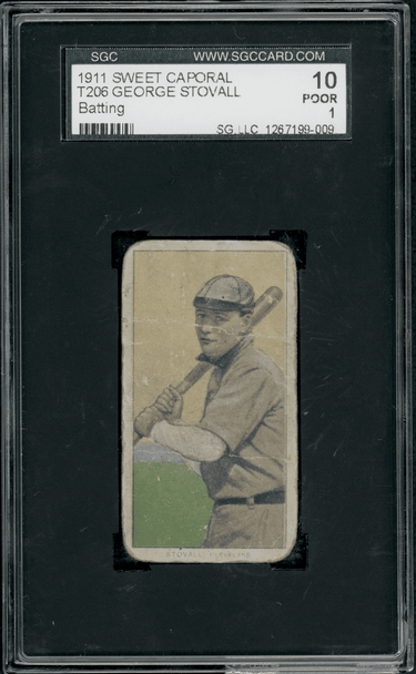 1910 T206 George Stovall Batting Sweet Caporal 350-460 SGC 1 Back Stamp front of card 1910 T206 George Stovall Batting Sweet Caporal 350-460 SGC 1 Back Stamp front of card