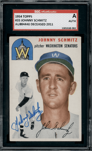 1954 Topps Johnny Schmitz #33 SGC Authentic Auto front of card