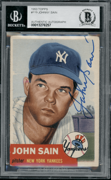 1953 Topps Johnny Sain Black bio text #119 BVG Auto 10 front of card