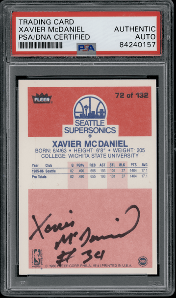 1986 Fleer Xavier McDaniel #72 PSA Authentic Auto front of card