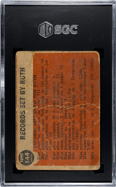 1962 Topps Venezuela Babe Ruth Farewell Speech #144 Babe Ruth Special SGC 1 back of card