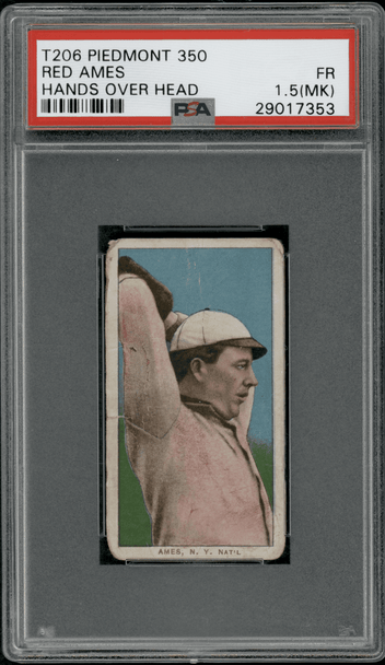 1910 T206 Red Ames Hands Over Head Piedmont 350 front of card