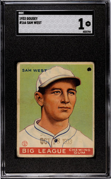 1933 Goudey Big League Chewing Gum Sam West #166 SGC 1 front of card