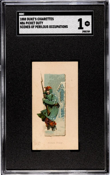 1888 N86 Duke's Cigarettes Picket Duty Scenes of Perilous Occupations SGC 1 front of card
