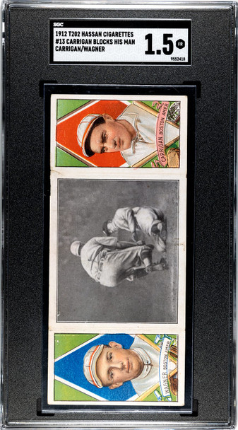 1912 T202 Hassan Cigarettes WN. Carrigan & Charles Wagner Carrigan Blocks His Man SGC 1.5 front of card