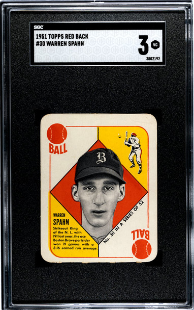 1951 Topps Warren Spahn #30 Red Back SGC 3 front of card