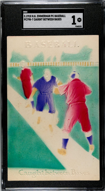 1910 PC798-7 H.G. Zimmerman Caught Between Bases Writing jokes about small pox, arrest PC Baseball SGC 1 front of card
