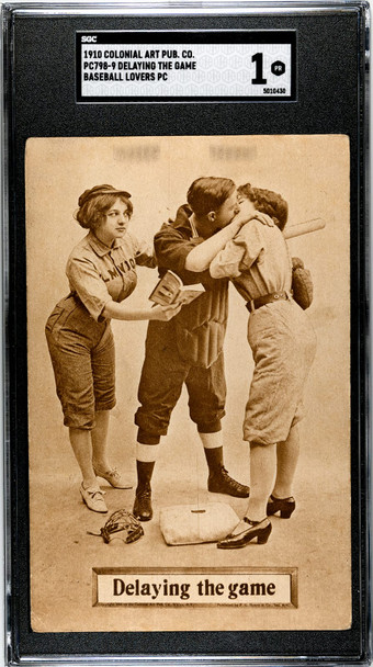 1910 PC798-9 Colonial Art Pub. Co. Delaying The Game 1911 Washington D.C. Postmark, Franklin Stamp Baseball Lovers PC SGC 1 front of card
