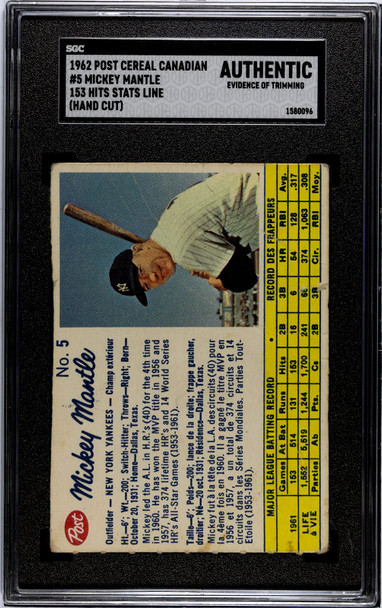 1962 Post Cereal Canadian Mickey Mantle #5 SGC Authentic front of card