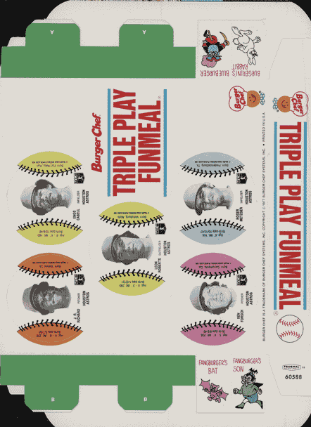 1977 Burger Chef Triple Play promo box tray with Bob Watson, Jose Cruz, and Cesar Cedeno, front view