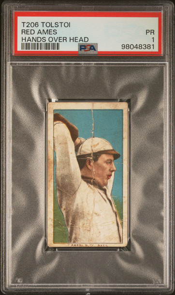 1910 T206 Red Ames Hands Over Head Tolstoi PSA 1 front of card