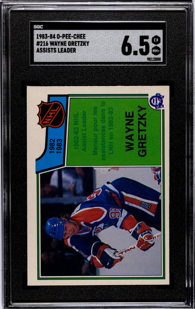 1983-84 O-Pee-Chee Wayne Gretzky #216 Assists Leader Edmonton Oilers HOF SGC 6.5 front of card