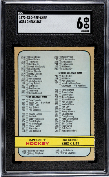 1972-73 O-Pee-Chee Checklist #334 SGC 6 front of card