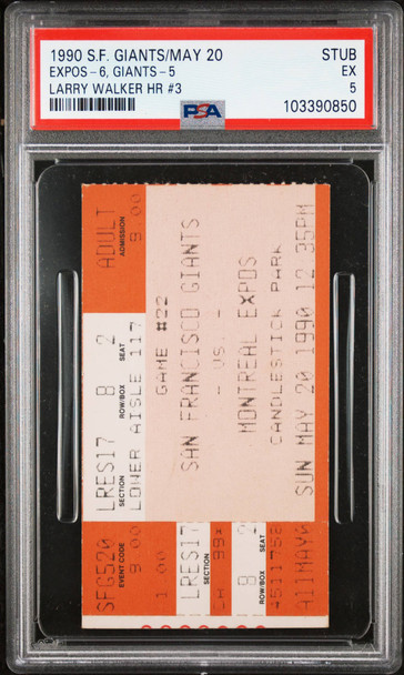 1990 Ticket Expos 6, Giants 5 Larry Walker HR 3 San Francisco Giants RC PSA 5 front of ticket