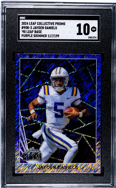 2024 Leaf Jayden Daniels #90B-3 90 Leaf Base Purple Shimmer Promo 117/199 Washington Commanders RC SGC 10 front of card