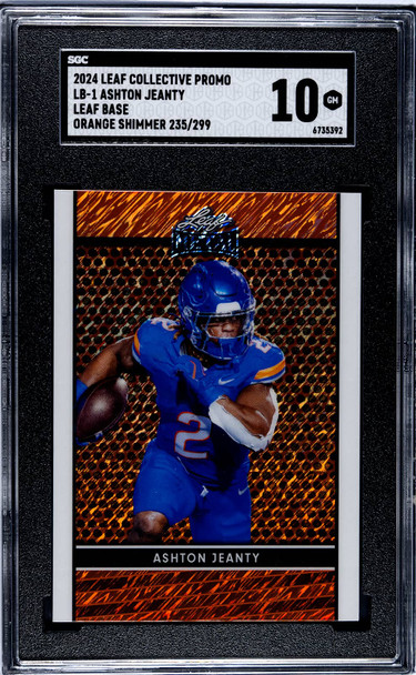 2024 Leaf Ashton Jeanty #LB-1 Leaf Base Orange Shimmer Promo 235/299 Las Vegas Raiders RC SGC 10 front of card