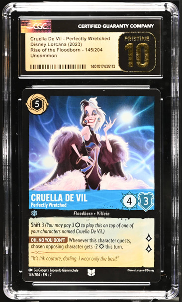2023 Disney Lorcana Cruella De Vil #145/204 Rise Of Floodborn Perfectly Wretched, Uncommon CGC 10 front of card